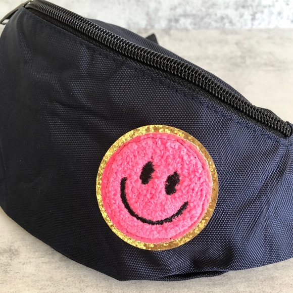 Navy Blue Fanny Pack Crossover Waist Bag Satchel with Hot Pink Smile fac… - Picture 2 of 10